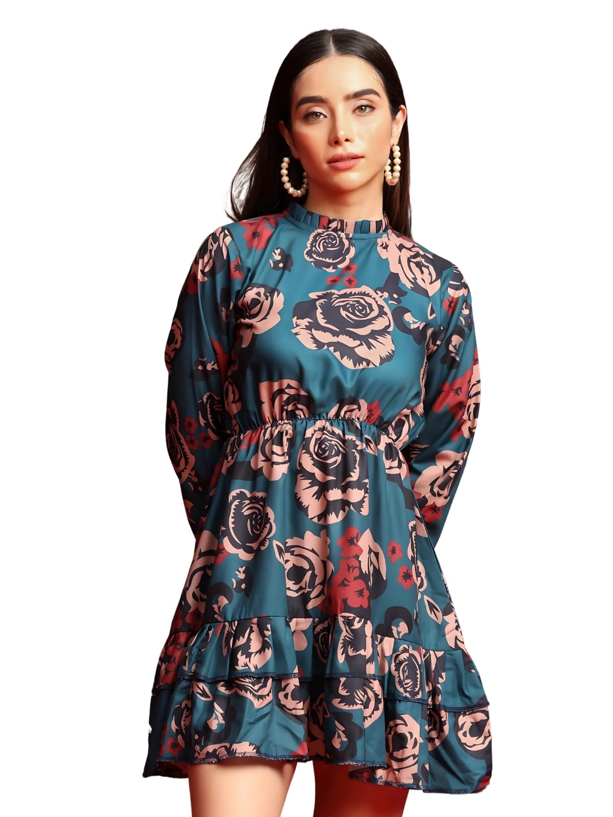 Greciilooks Western Dress For Women - Printed A-Line Midi Western Dress & V Neck Puff Sleeve Dress For Girls Suitable For Function, Outdoor, Birthday, Event, Office(Pack Of 1) (Xxx-Large, Blue)