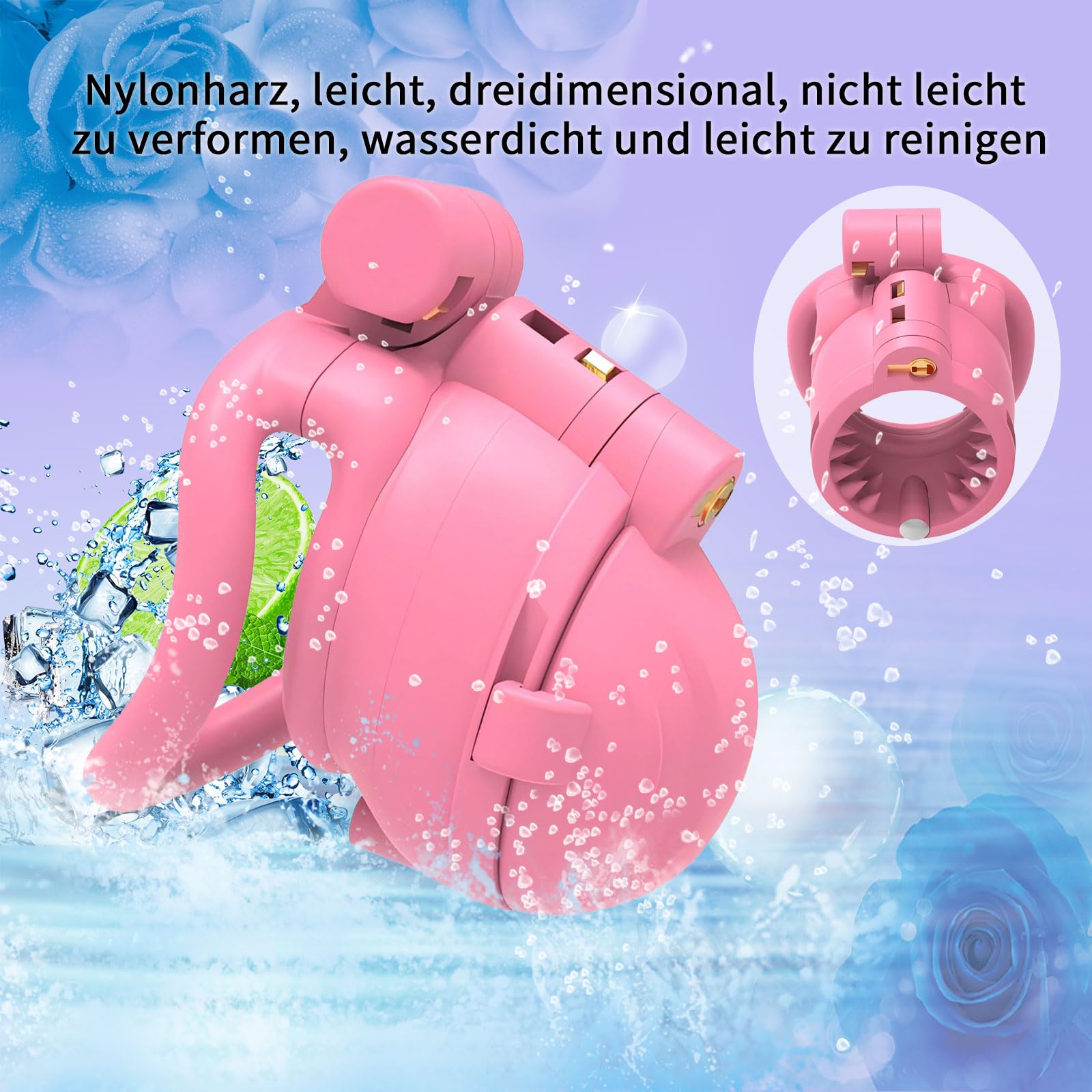 Cage de Chasteté en Résine de Nylon avec 30 Dents et 2 Serrures Cachées SM Jouets Sexuels Masculins Cage de Pénis avec 4 Anneaux Amovibles pour L'entraînement du Pénis Masculin (Arc Ring,Pink)