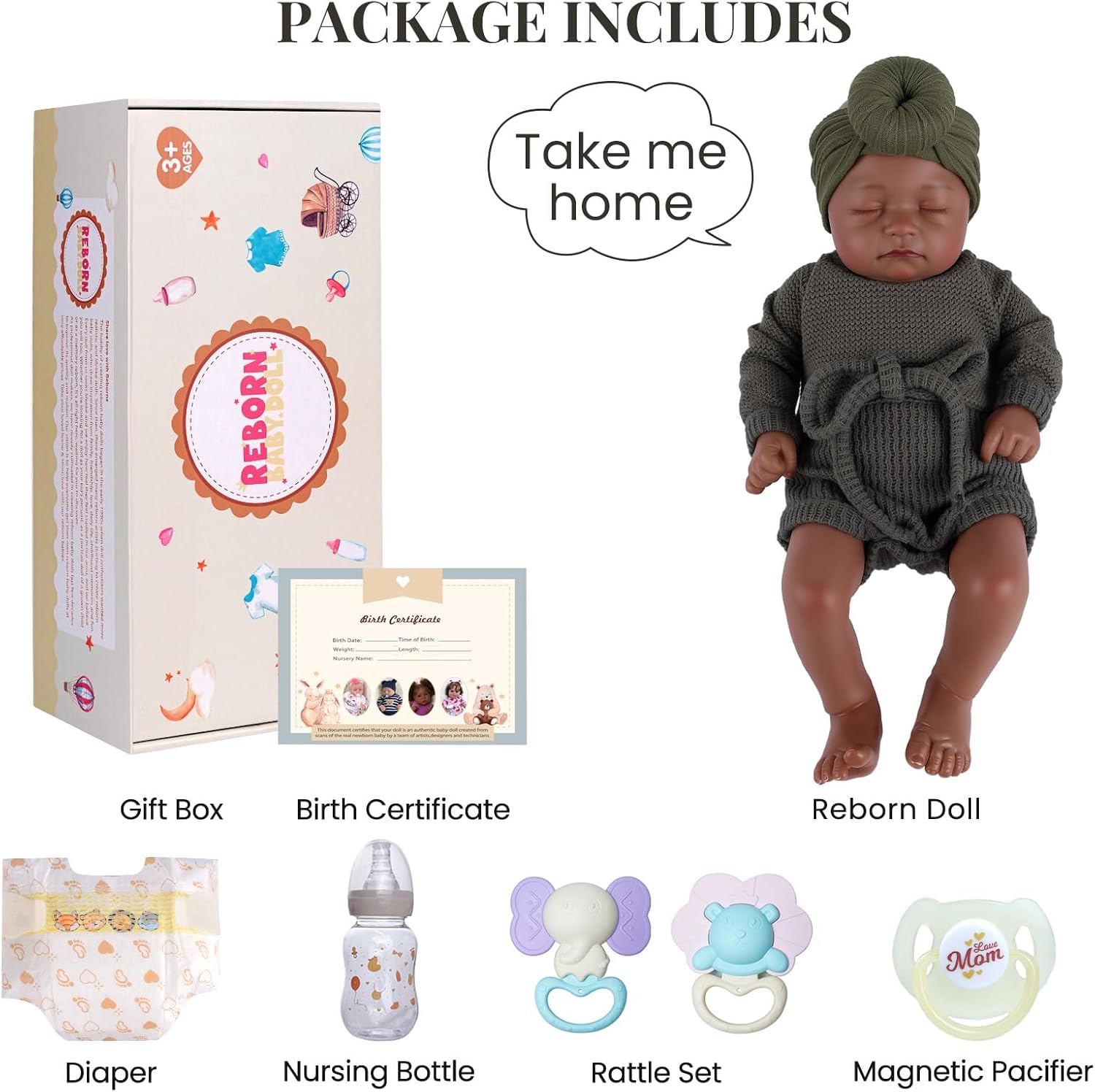 BABESIDE Value 5-Piece Black Baby Doll Set – Includes 20-Inch Lifelike Doll, Clothing, Birth Certificate, Bottle and Magnetic Pacifier, Soft Body Realistic Newborn Gift for Kids Age 3+