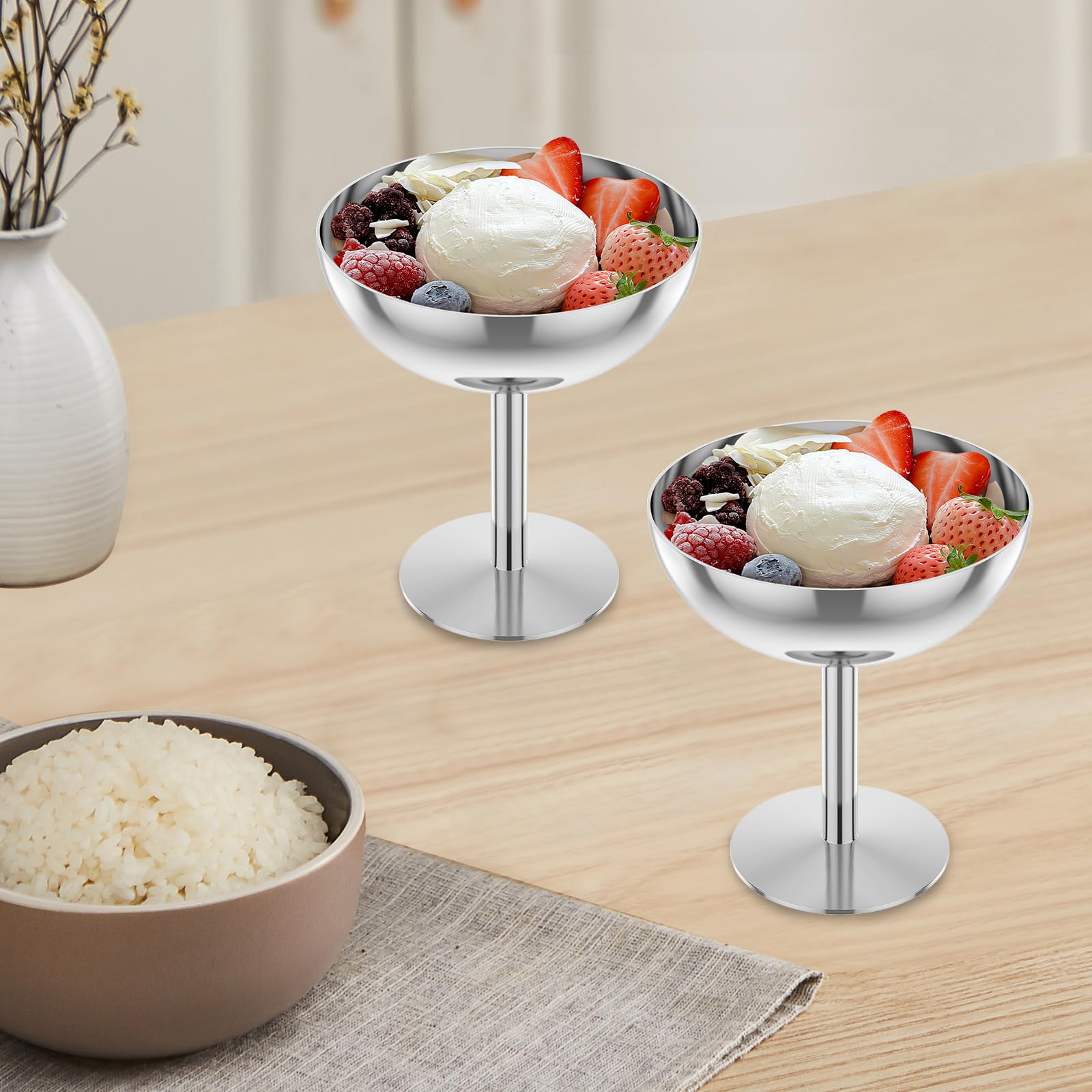 8x coupes a glace en inox avec pied – 200 ml – pour réceptions | Coupelle dessert élégantes pour glace, pudding, fruits et salade – bols polyvalents, passant au lave-vaisselle et incassables