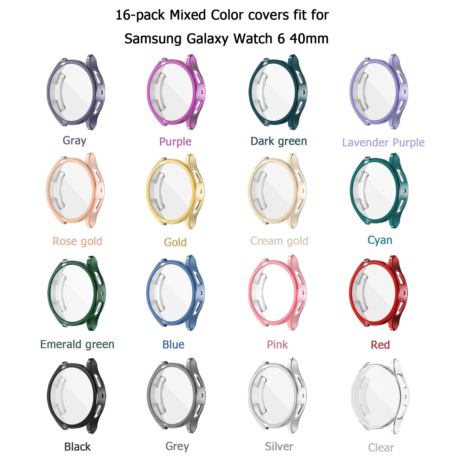 RICHONE Lot de 16 Coques compatibles avec Samsung Galaxy Watch 6 de 40 mm, Coque en TPU Souple, résistante aux Rayures, Ensemble d'accessoires pour Homme et Femme (Galaxy Watch 6 40 mm SM-R930)