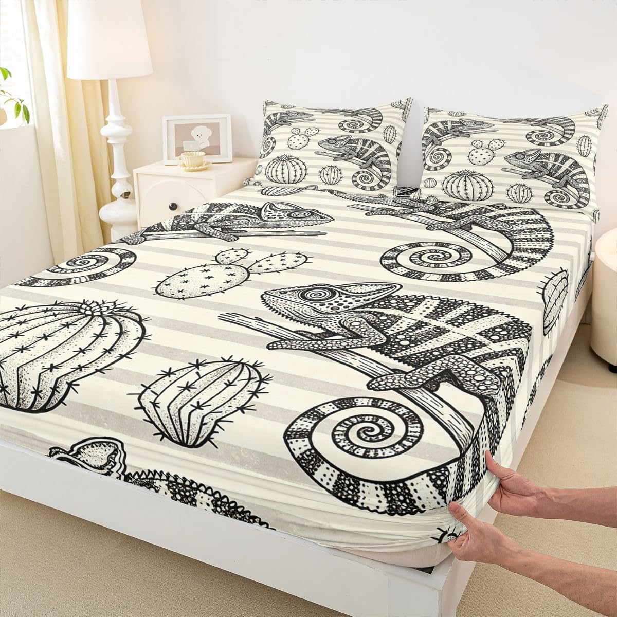 Erosebridal Boho Desert Chameleon Bed Sheets Set Desert Sketch Queen Sheet Set for Toddler Boys,Botanical Cactus and Reptile Tropical Wildlife Flat Sheet