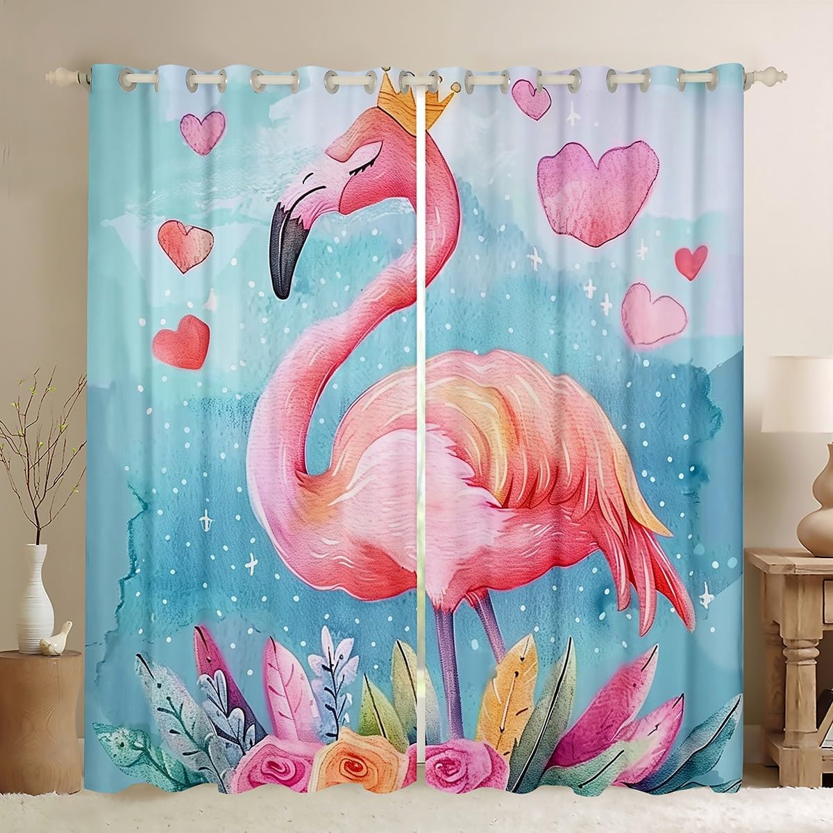 Castle Fairy Flamingo Curtains for Living Room,Pink Birds Wild Animal Window Drapes Bedroom Blackout 30%-50%,Romantic Flower Window Treatment Grommet Top 2 Panels Decor,38Wx45L