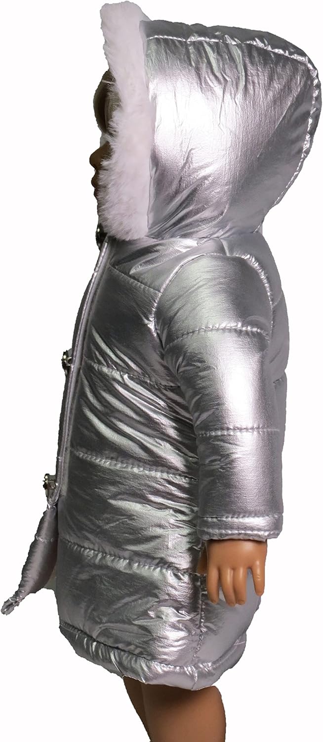 American Fashion World Mettalic Silver Puffer Coat for 18in Doll