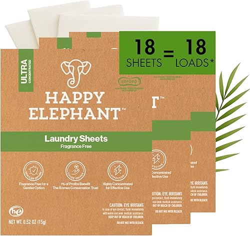 Happy Elephant Hojas de detergente para ropa, sin fragancia, hojas de lavandería naturales biodegradables, a base de plantas, resistentes a las
