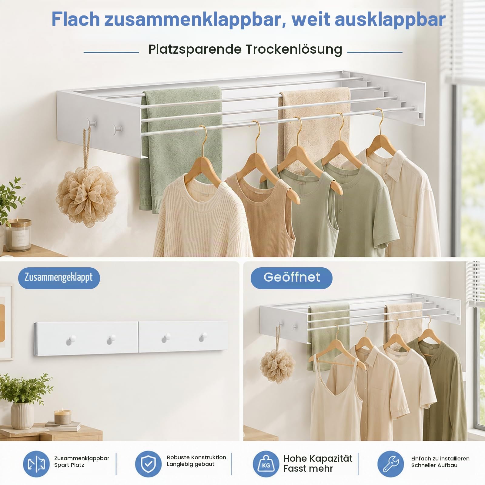 Wäscheständer, 60cm Ausziehbare Wäscheleine Kohlenstoffstahl Wäscheständer Wand mit 4 Haken Platzsparend Handtuchhalter Wand 25KG Tragkraft für Innen oder Außen Balkon Terasse (60cm)