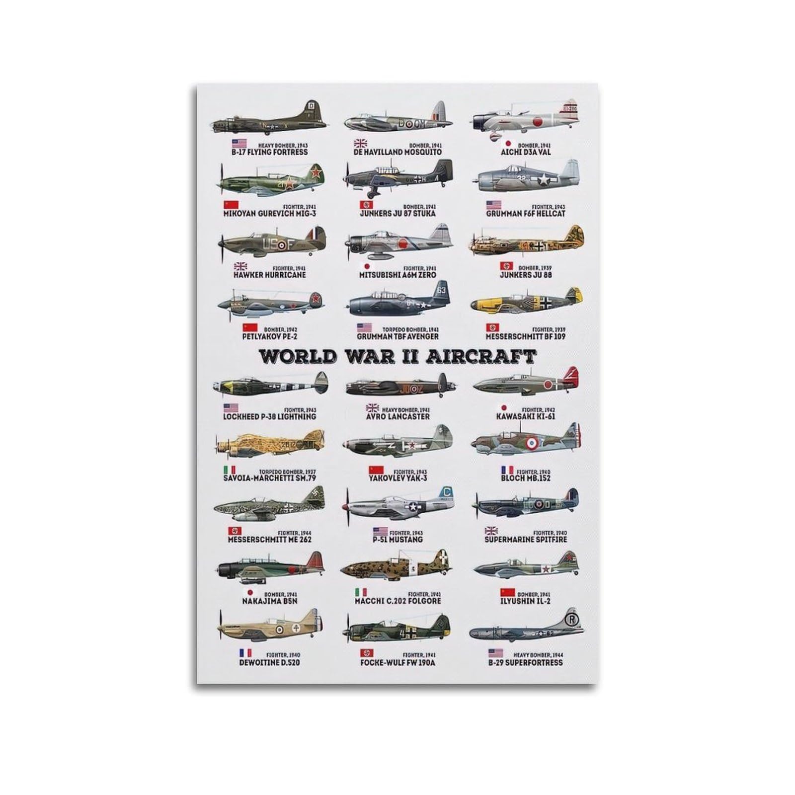 Warl Unframe-Style World War Ii Aircraft Fighter Jet Poster Decorative Painting Canvas Art Picture 20X30inch(50X75cm)