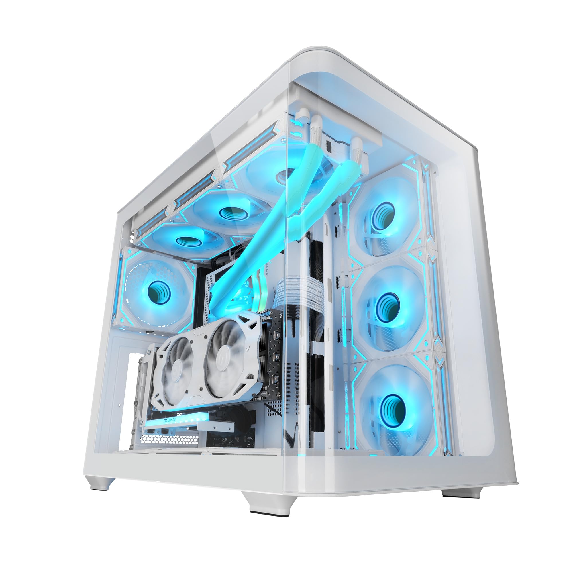 Mars Gaming MC-FUSION, Caja Gaming ATX, Ventana Lateral Completa y Frontal Curvo Cristal Templado Continuo, Semitorre PC Doble Cámara, Soporte Refrigeración Líquida, Espacio Interno Optimizado, Blanco