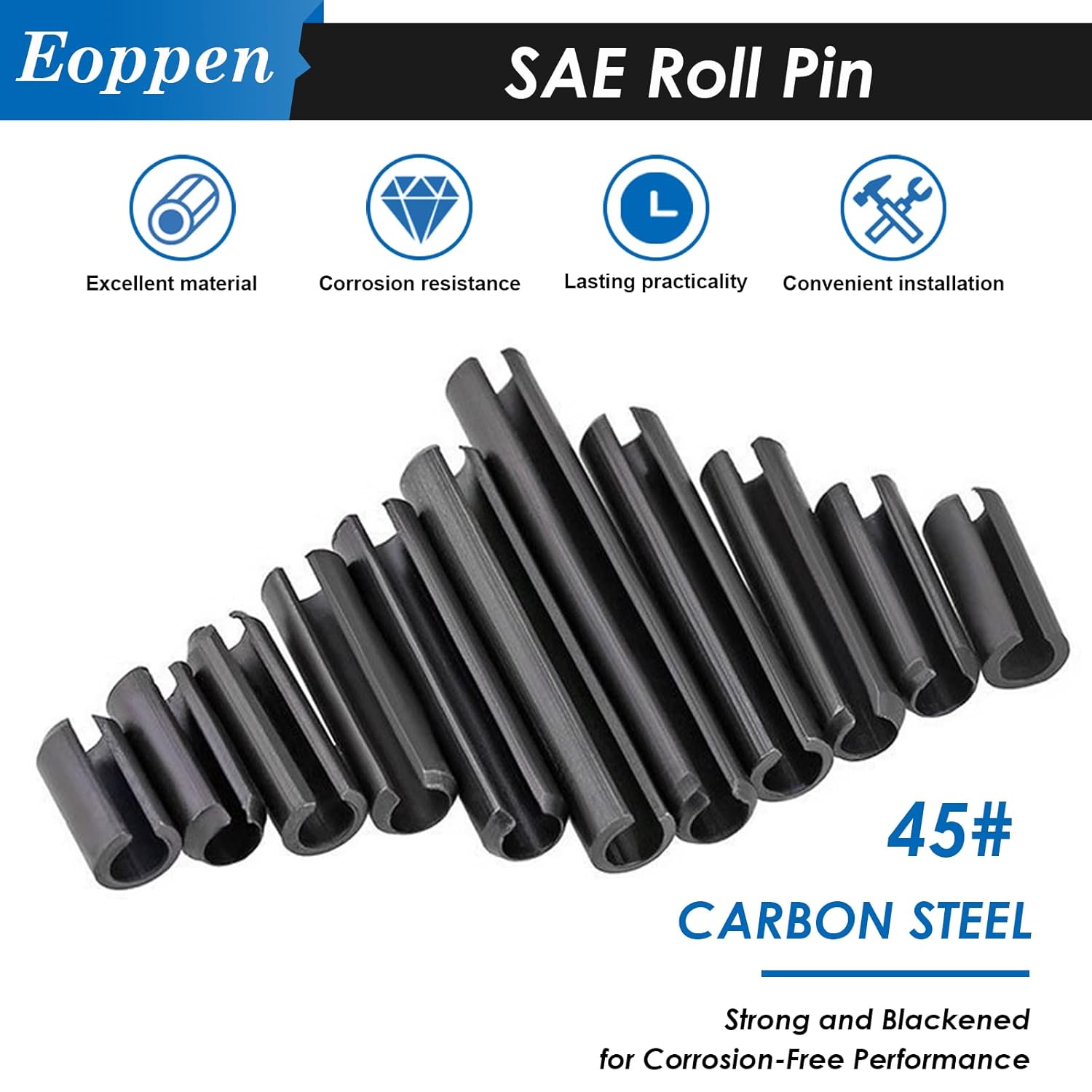 370Pcs SAE Roll Pin Assortment Set - Slotted Spring Pins Steel Split Expansion Pin 10 Sizes 1/16 5/64 3/32 1/8 5/32 3/16 7/32 1/4 5/16 3/8 Inch for Home Improvement Automotive Repair