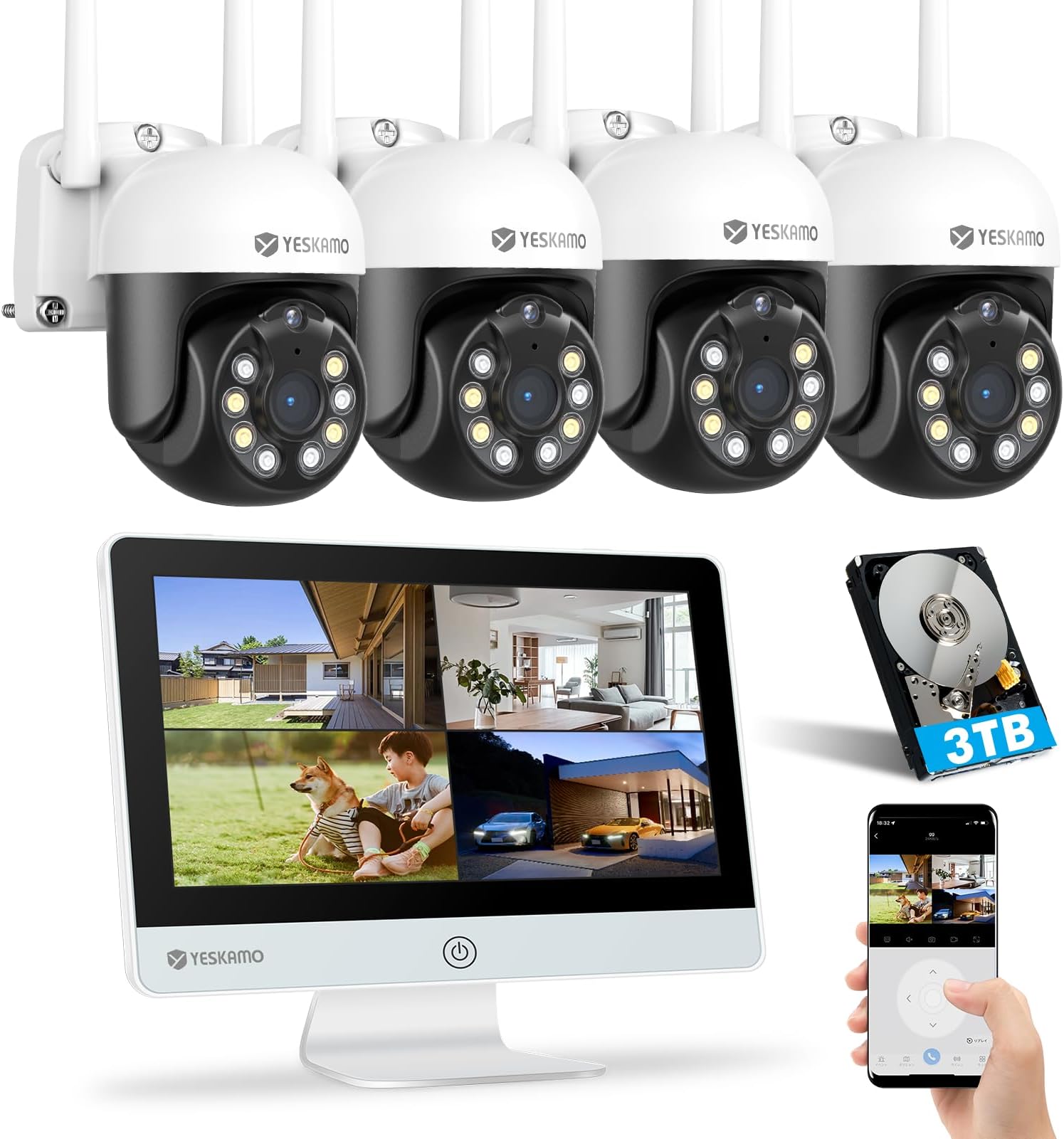 YESKAMO CCTV Camera Systems Wireless Outdoor, 3MP Ultra-HD Spotlight WiFi IP Camera with 12'' IPS Screen, 8CH 4 Cameras Kits 2 Way Audio, Video Surveillance System for Home Security, NO Hard Drive