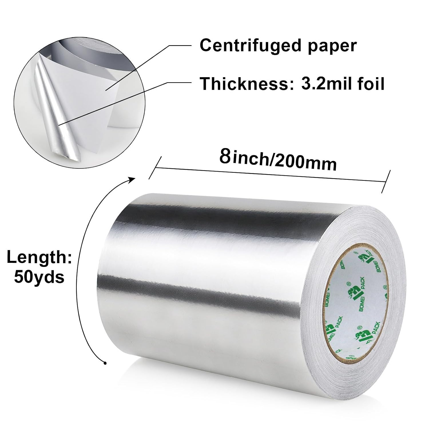 BOMEI PACK Aluminum Foil Tape, 8 inch x 50 Yds, Insulation Adhesive Metal High Temperature Heavy Duty HVAC Tape, Silver for Ductwork, Dryer Vent, HVAC, 3.2 Mil Thick image 2