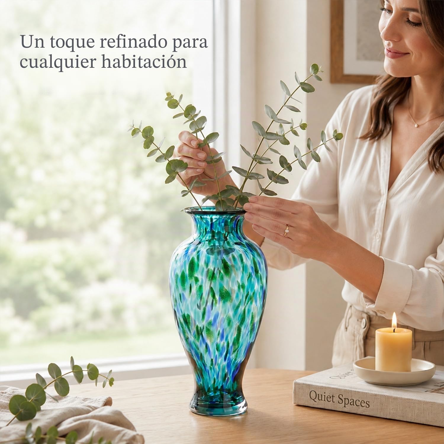Jarrón de vidrio soplado a mano turquesa, 11.8 pulgadas de alto, boca ancha para centro de mesa, jarrones de flores coloridos de Murano para entrada del hogar