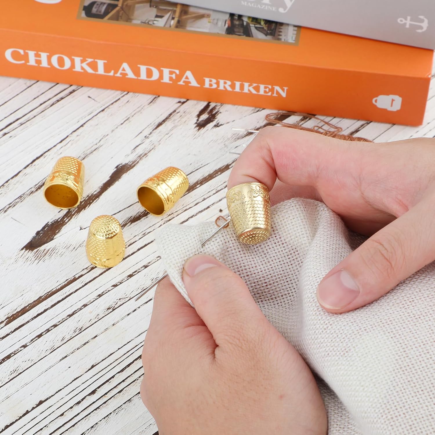 4pcs Metal Sewing Thimbles for Finger, Metal Fingertip Protectors Copper Thumb Finger Shield Rings Thimbles Pads Guard Cover for Hand Embroidery Quilting Accessories Knitting DIY Tools (Gold)