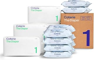 Coterie Baby Wipes + Diapers Kit Size 1 (198 Count) and 12 Pack Wipes (672 Count) with 99% Water, Herbal Materials, Hypoallergenic for Skin