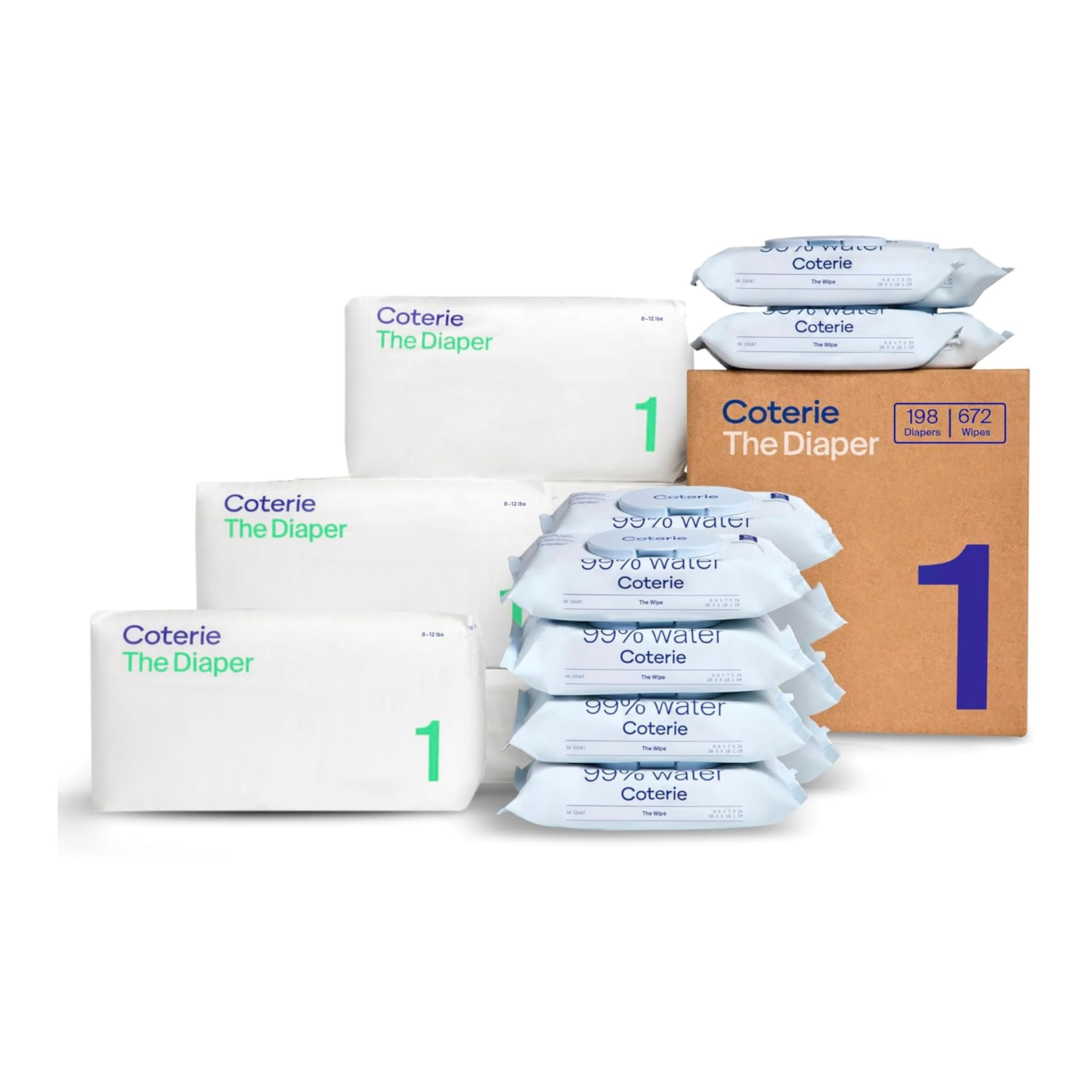 Baby Wipes + Diapers Kit Size 1 (198 Count) and 12 Pack Wipes (672 Count) with 99% Water, Herbal Materials, Hypoallergenic for Skin
