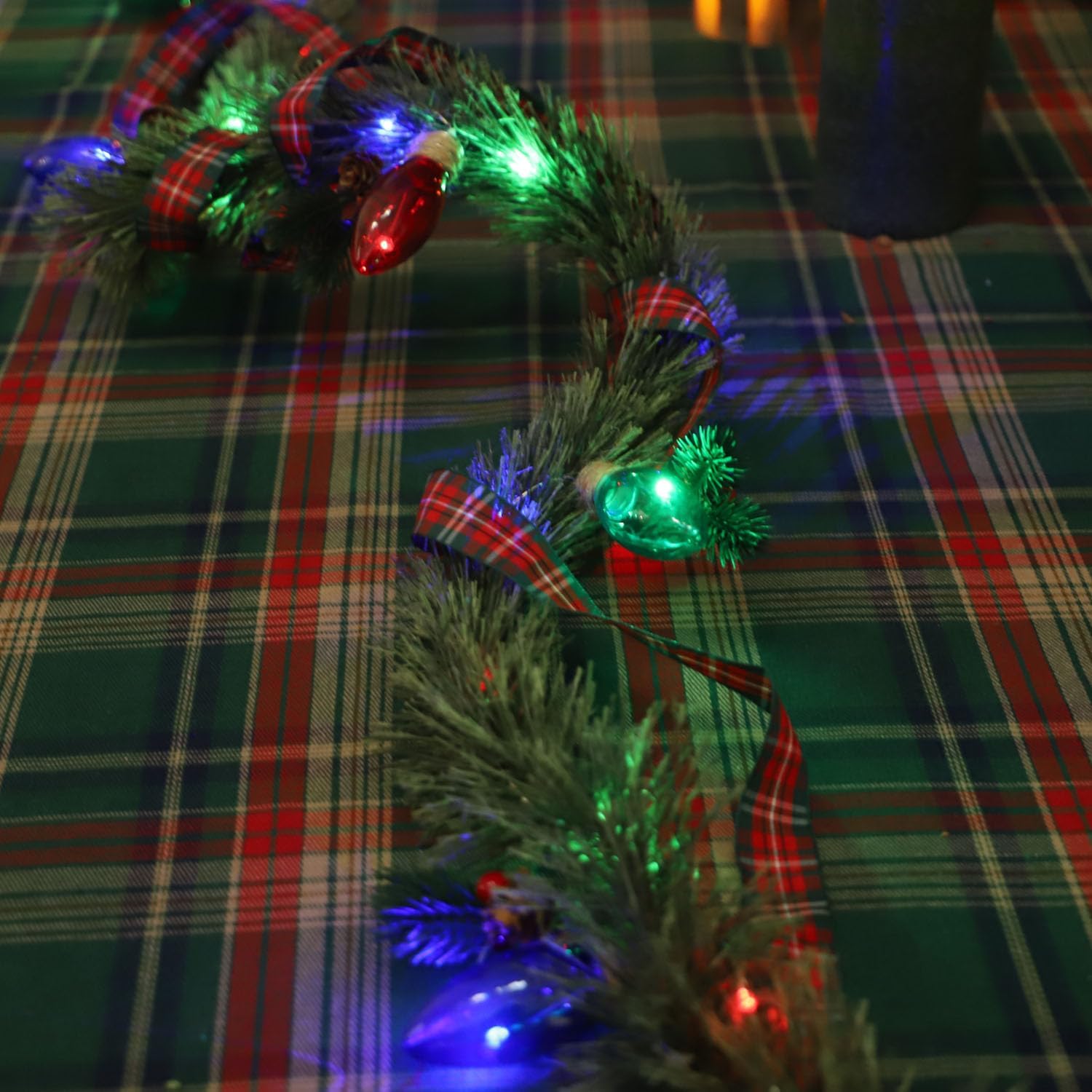 Festive Christmas Garland with Red Blue and Green Bulb Lights - 6.5FT Norfolk Pine Branch on Red Bow 25 LED Battery Operated with Remote Ideal Christmas Garland for Mantle - Image 8