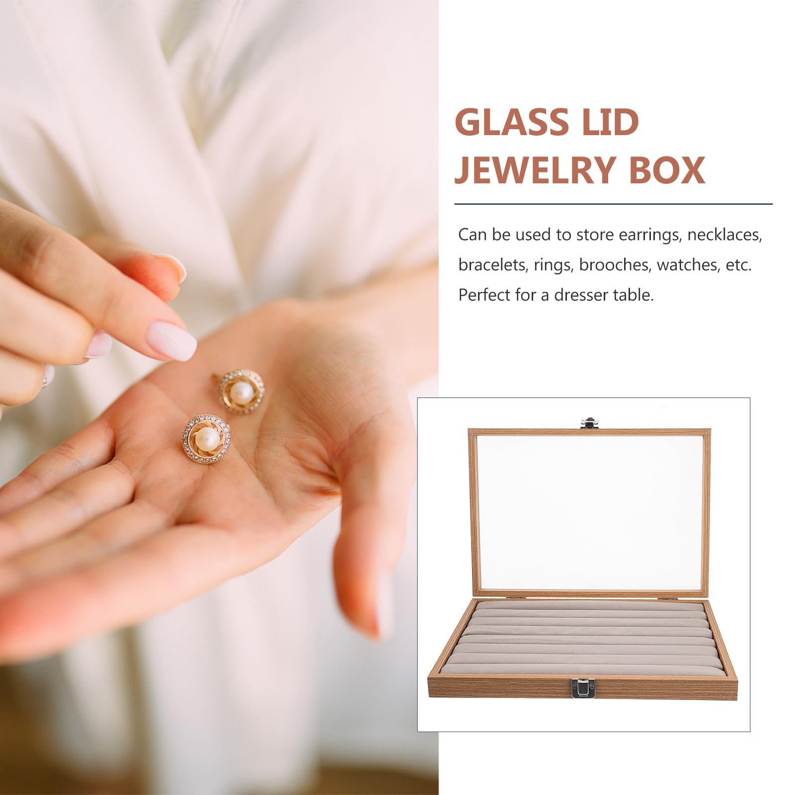 Happyyami Ring Organizer Box, Scatola per Gioielli in Vetro e Legno con Accesso Facile, per Regalo di Matrimonio e Anniversario