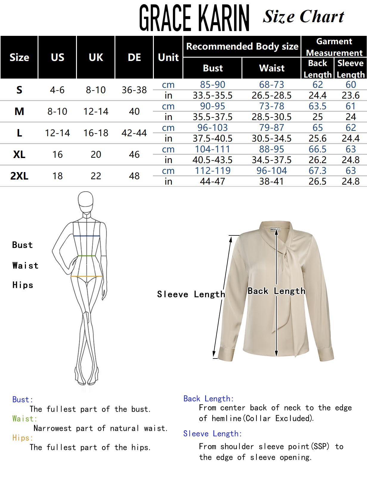 GRACE KARIN Camicette da Donna in Raso a Maniche Lunghe Eleganti Business Pullover Camicetta Top