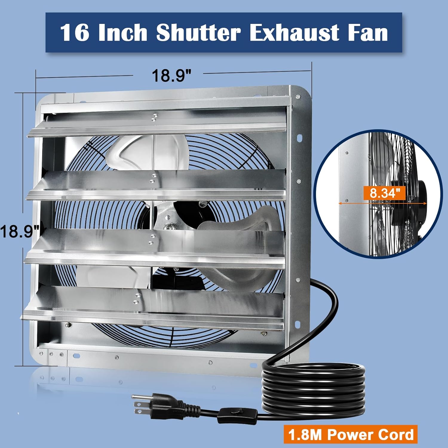 Hiorucet 16 Inch Wall Mounted Shutter Exhaust Fan with 1.8m Power Cord, 2060CFM High Speed Low Noise Aluminum Louvered Exhaust Fan for Greenhouse, Garage, Shop, Attics, Chicken Coop Ventilation Fan.