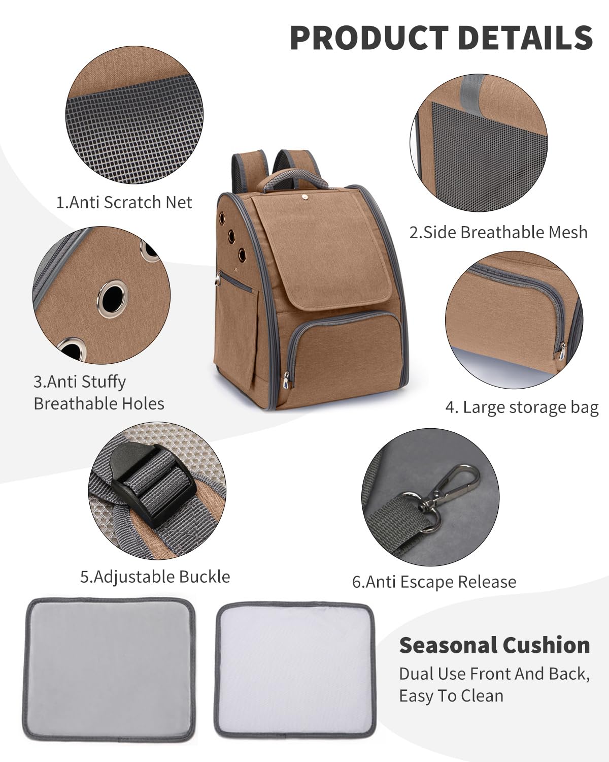 PETCUTE Borsa Trasportino per Cani Marsupio Cane Cuccia Portatile Traspirante Zaino da Trasporto Regolabile per Gatto Cane Viaggio Marrone