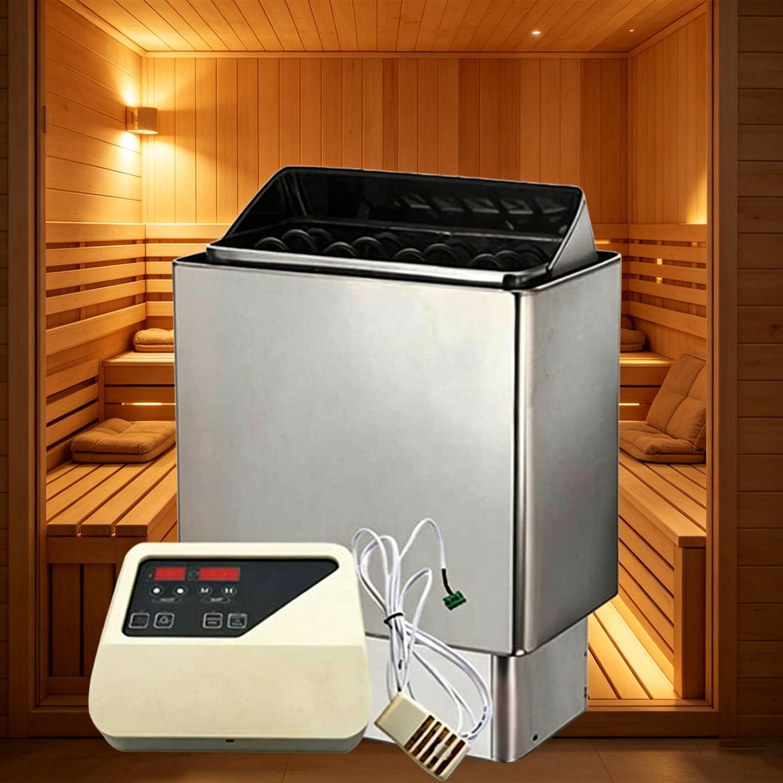 PioMue Electric Sauna Heater Stainless Steel Dry Heat Stove with External Controller, Fast Heating Relaxing SPA Experience Wall Mounted Commercial Grade 380V-6KW