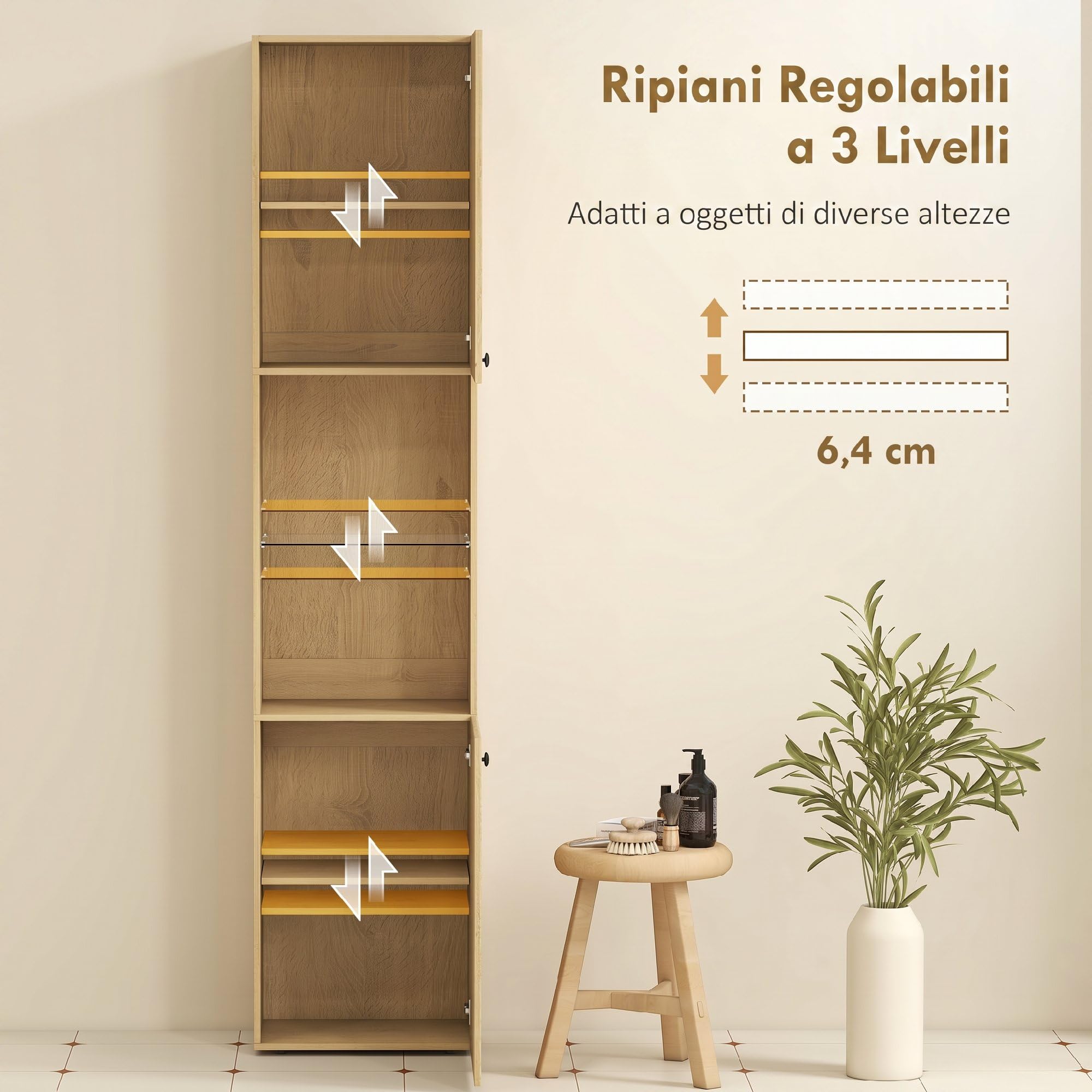 HOMCOM Colonna da Bagno Mobile Bagno Slim 6 Ripiani 40x31x182cm Rovere | 2 Ante, Scomparti Aperti, Ripiano in Vetro Temperato, Ripiani Regolabili, per Toilette e Piccoli Spazi