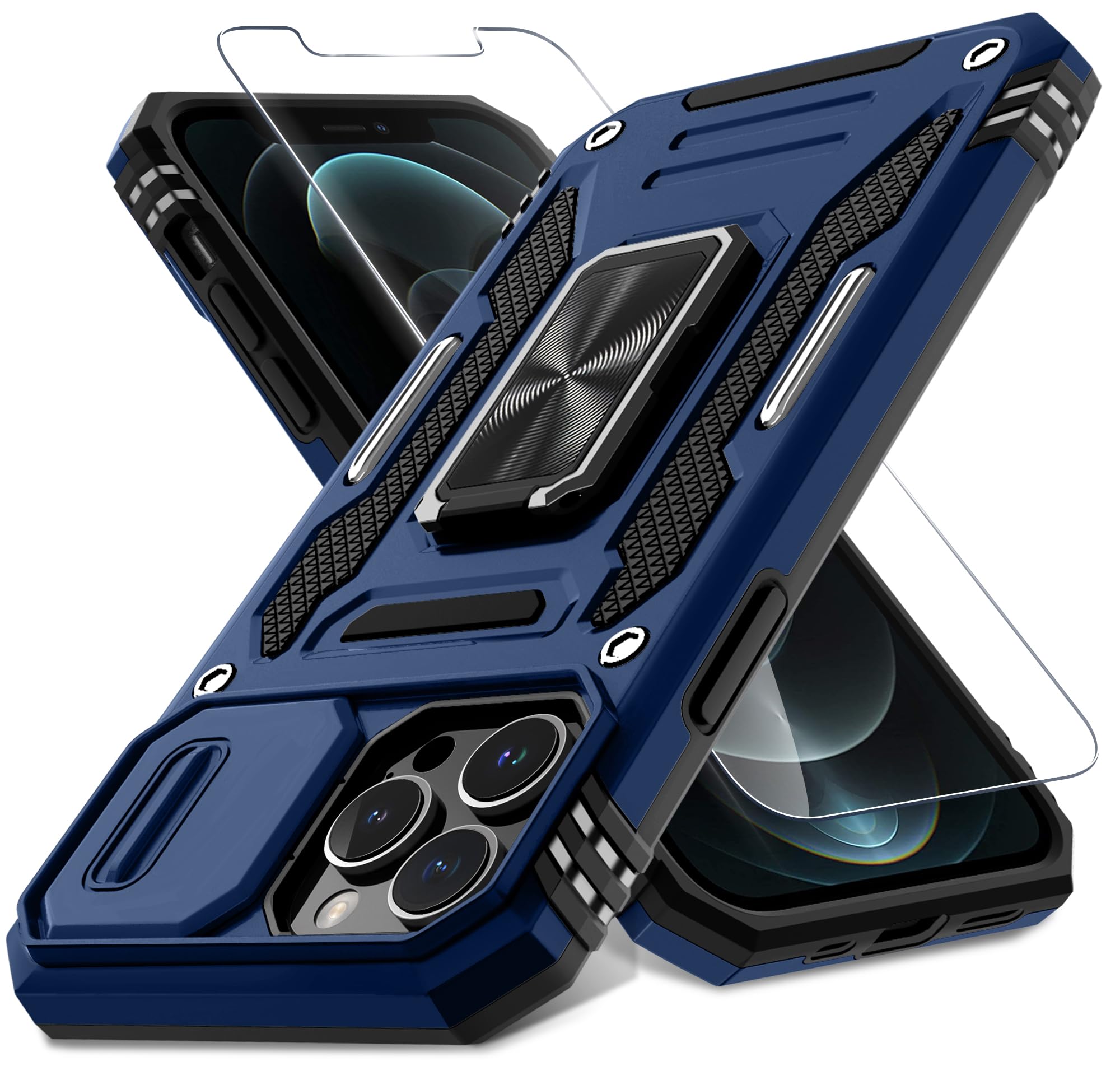 DEERLAMN Case for iPhone 12 Pro Max with Slide Camera Cover+Screen Protector(1 Pack),Rotated Ring Kickstand Military Grade Shockproof Protective Cover