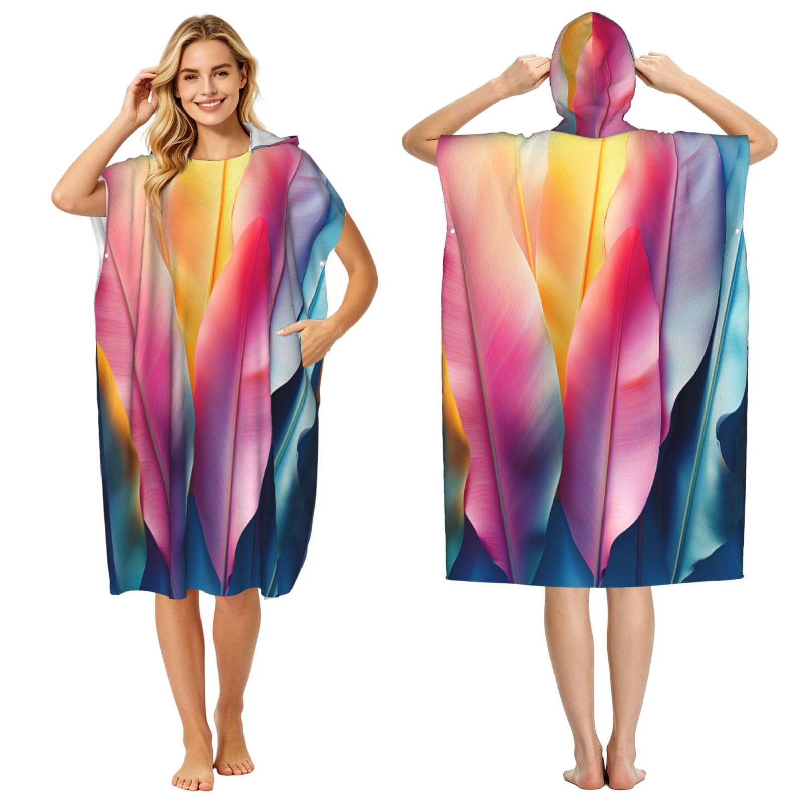 KLGRTJHK Pink Banana Leaves Adult Hooded Beach Poncho Towel 43"X35"