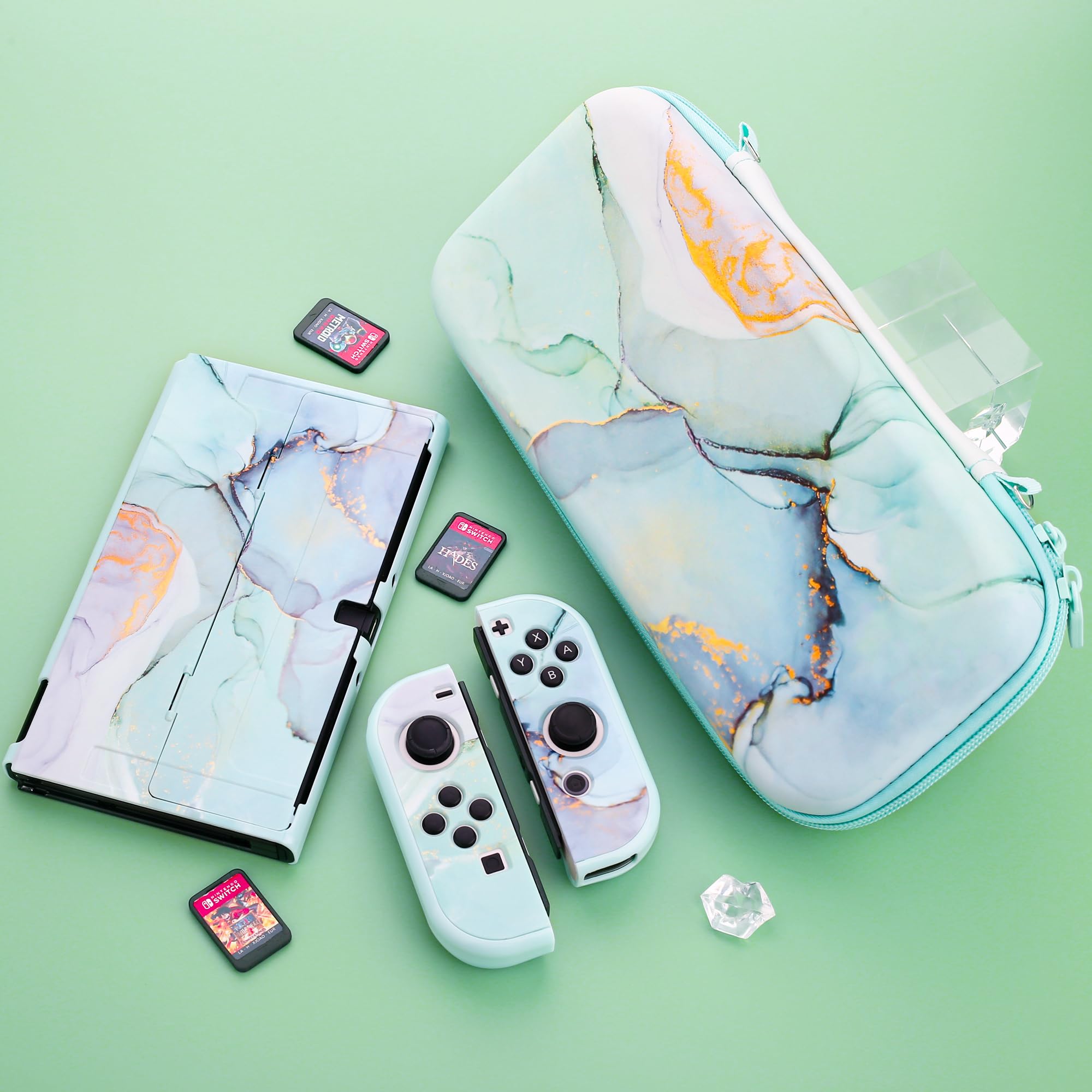 FANPL Set di custodie per Nintendo Switch OLED, custodia da trasporto per Switch OLED e Joy Con con custodia protettiva flip e pellicola protettiva, 4 impugnature per pollice, tracolla - marmo verde