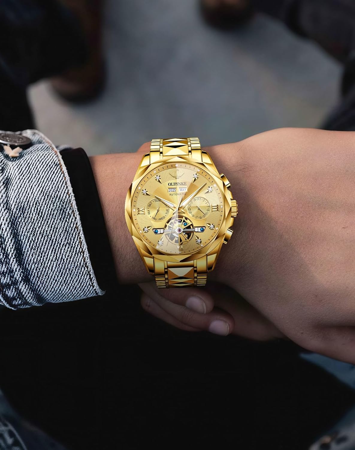 OUPINKE Men's Watches Automatic Skeleton Self-Winding Original Mechanical Gold Luxury Sapphire Crystal Dress Gifts Wrist Watches