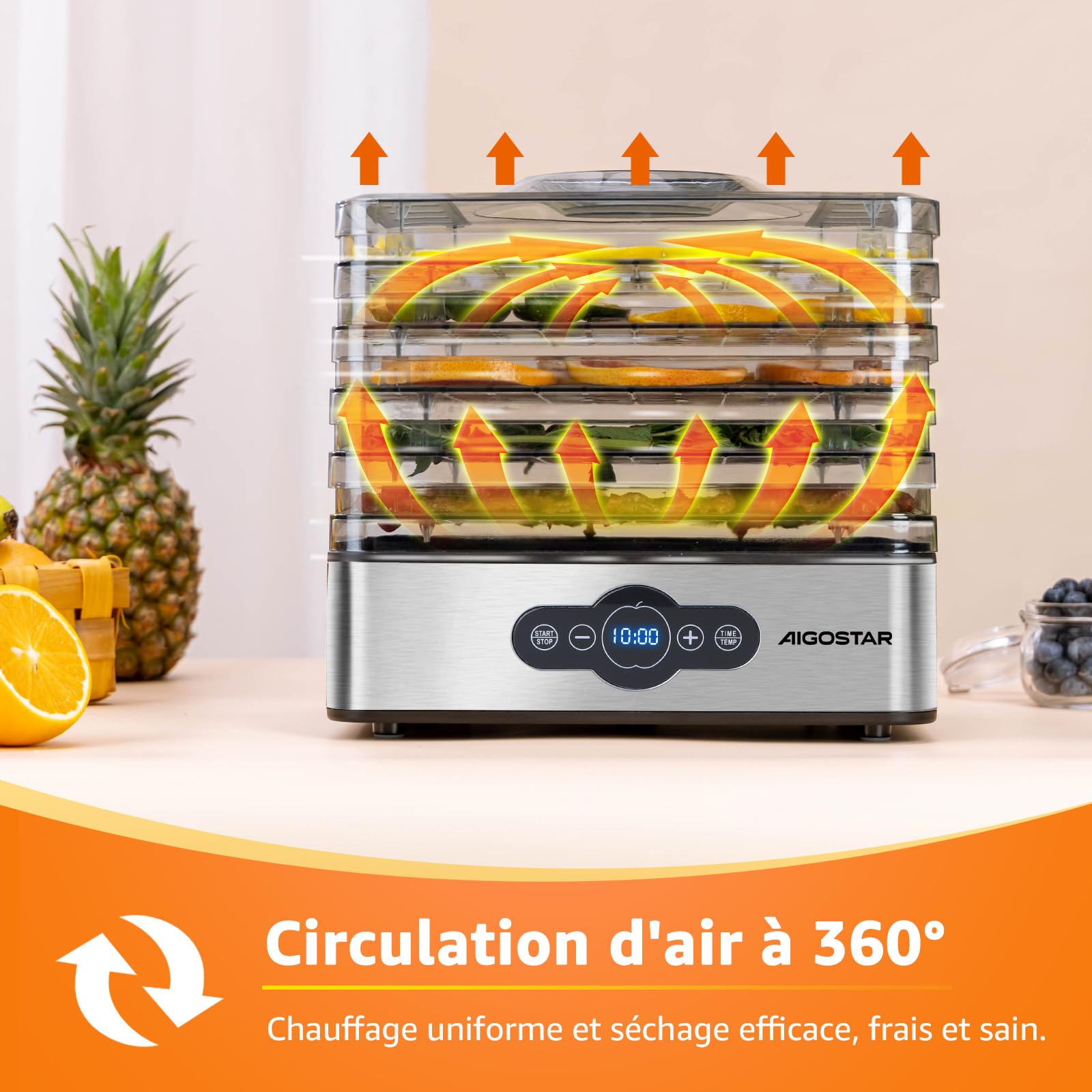 Aigostar Deshydrateur Alimentaire avec 5 Plateaux, Déshydrateur sans BPA, Minuterie 99h et Température 35-75 °C, Écran LED, 240W, pour Fruits, Poisson, Légumes, Viande, Jerky, Herbes etc