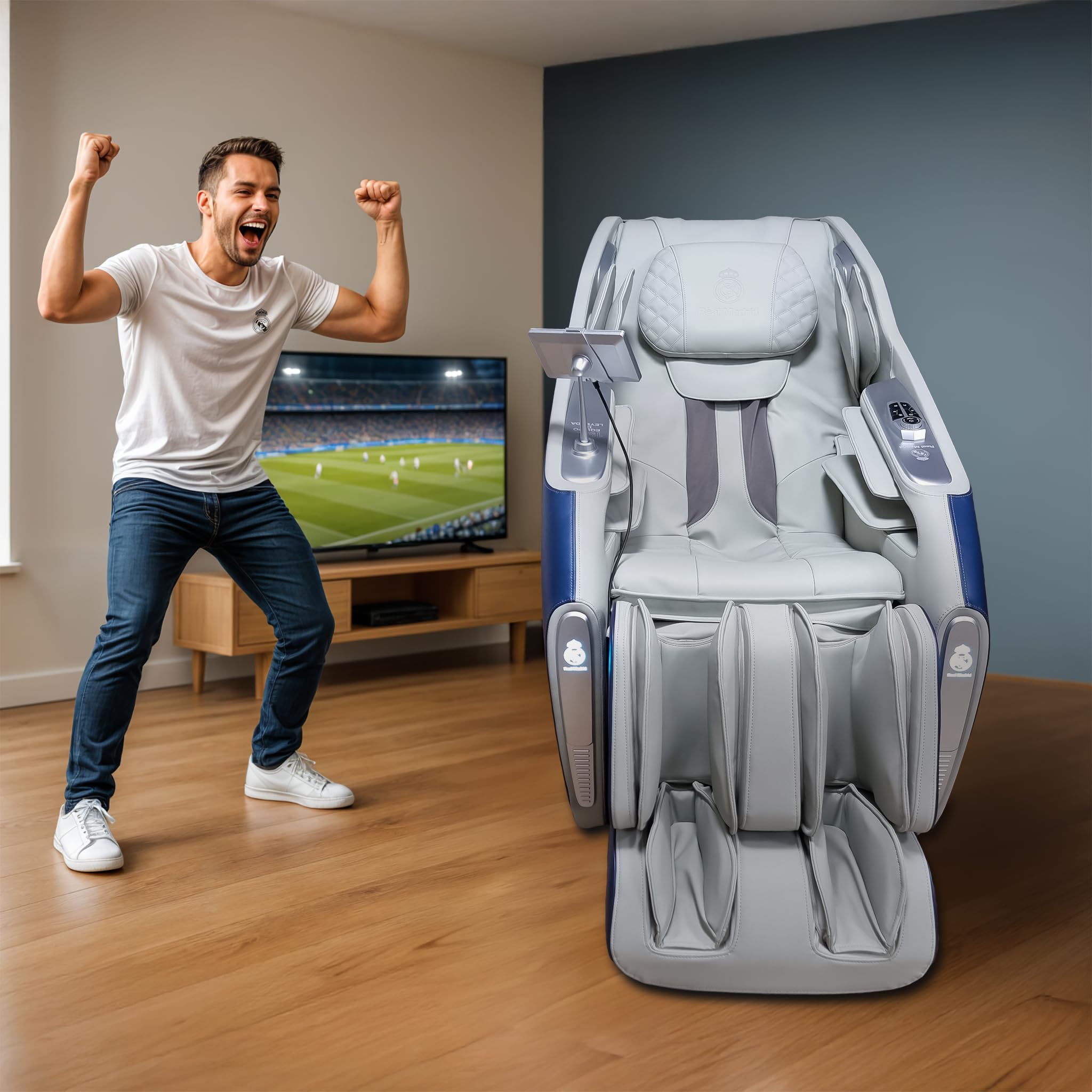 GLOBAL RELAX Real Madrid | Advance Sillón Masaje 3D Oficial del Real Madrid | Gravedad Zero Total | Presoterapia | Escaneo Cuerpo con IA | Tren Masaje SL de 135 cms | Bluetooth | Control Voz