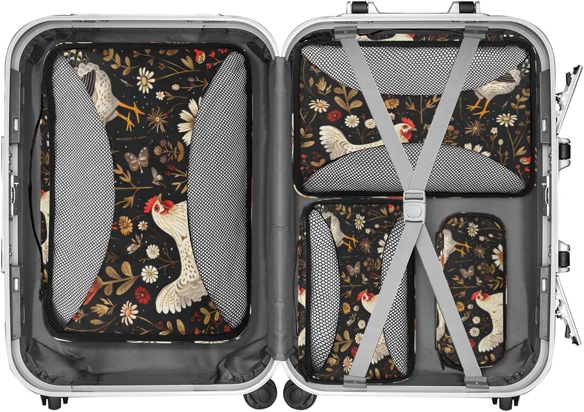 Chicken Flowers 4 Set Packing Cubes Packing Cubes for Women Lightweight Travel Essential Bag Clothes Carry on Suitcase Bags for Accessories Essentials