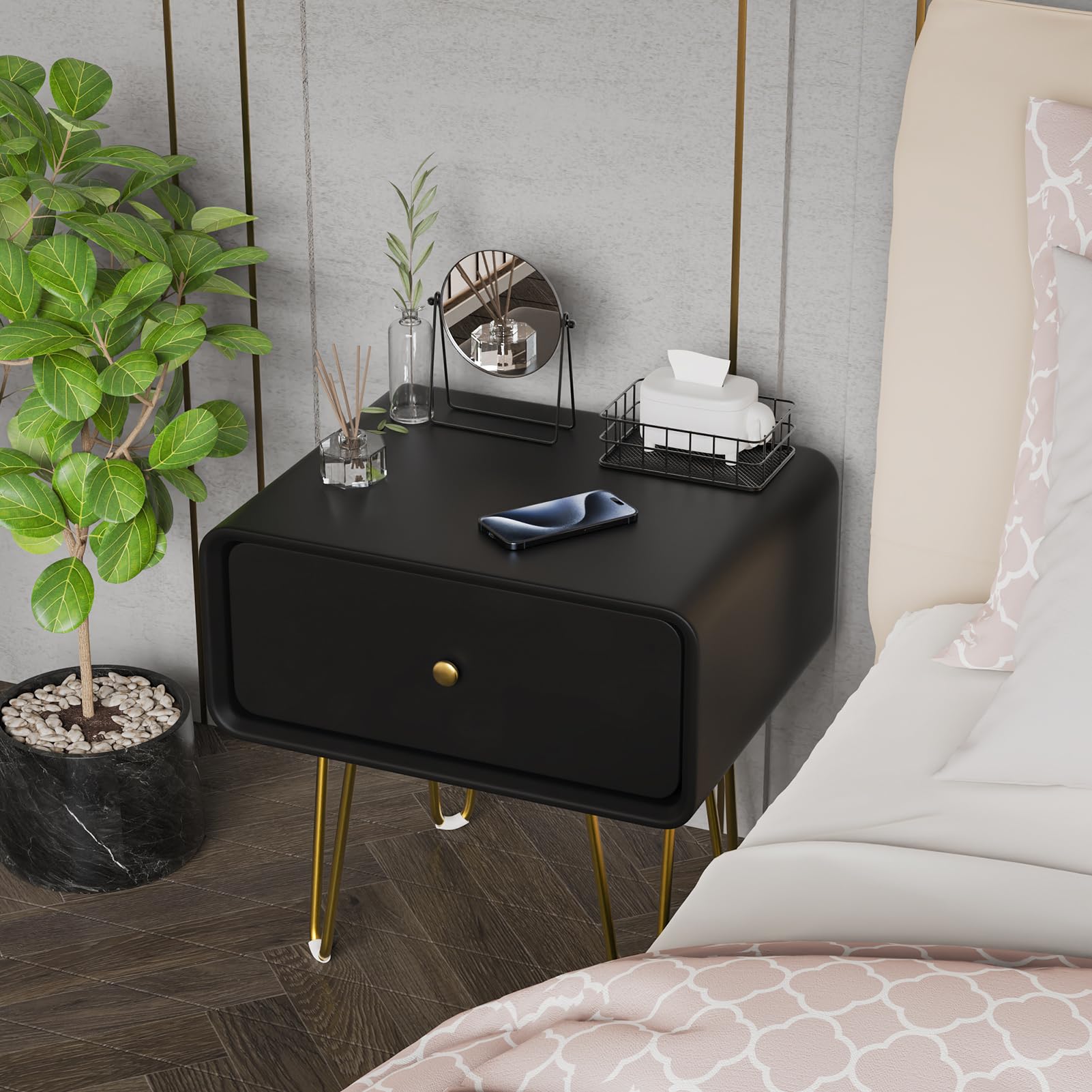 QHRAY Modern Faux Leather Nightstand with Draw, Solid Wood Drawer, with 4 Metal Legs, Small Side End Table, Side Table with Storage Drawers for Bedroom and Living Room (Black)