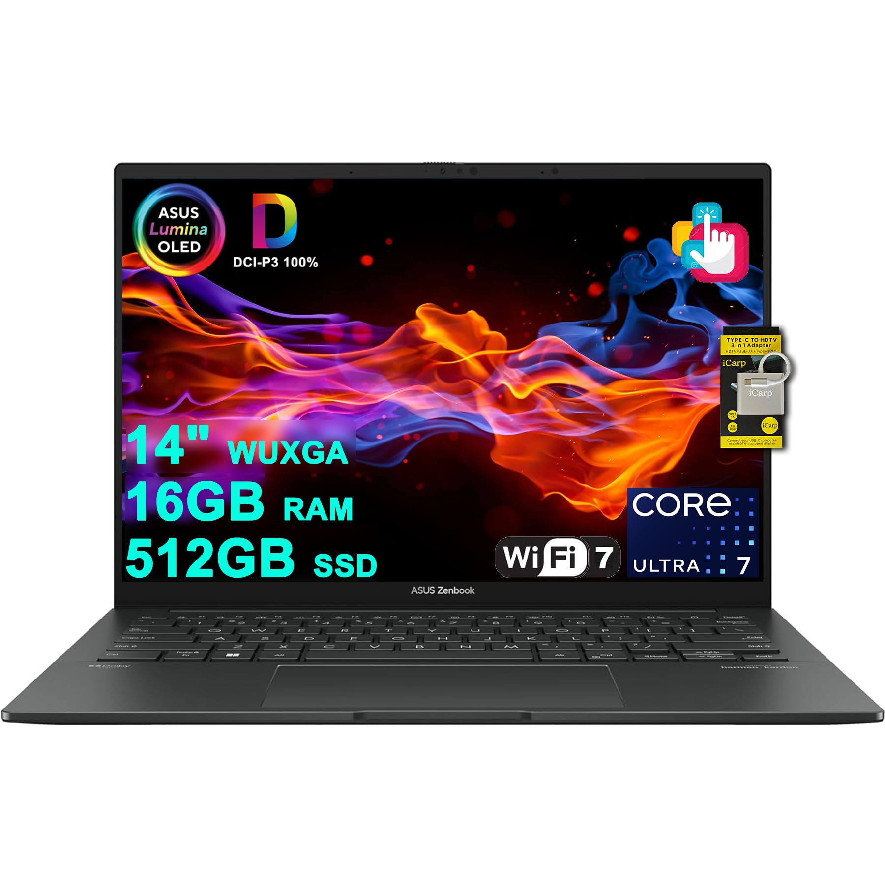 ASUS Zenbook 14 Creator Laptop 14" WUXGA Lumina OLED Touch (500nits HDR, 100% DCI-P3) Intel 16-core Ultra 7 255H (Up to 13 Tops) 16GB RAM 512GB SSD for Business Work Win11 ICP Hub w/Copilot AI