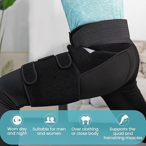 Miniatura 4 de Soporte de cadera para mujeres y hombres, dispositivos de alivio del dolor de ciática, isquiotibiales ajustables, muslo, manga de compresión de