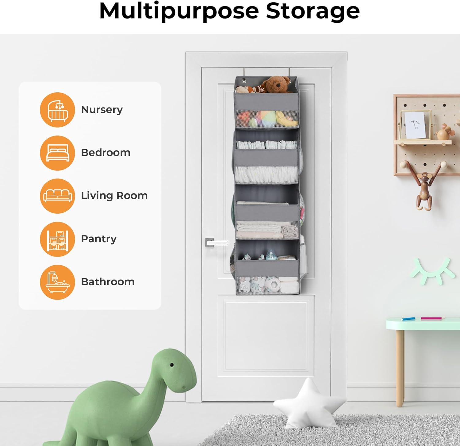 GRANNY SAYS Over The Door Organizer, 4-Shelf Behind The Door Storage with 6 Pockets, Waterproof 300D Oxford Fabric Hanging Organizer, Anti Tilt 35lb Load Hanging Shelf for Nursery, Bathroom, Grey - Image 7