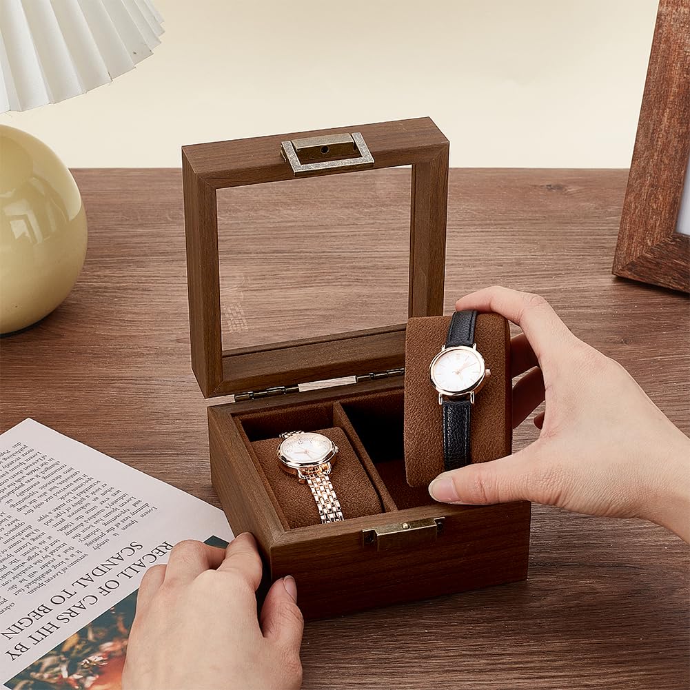 Cajas de Almacenamiento de Relojes de Madera de 2 Ranuras, Vitrina para Relojes Color marrón Coco con Ventana de Cristal, Vitrina de Madera para Relojes para Hombres en cumpleaños, San Va