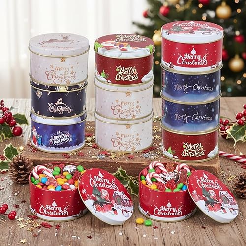 DOITOOL Latas de galletas de Navidad con tapas, pequeña caja de metal para dulces, mini cajas de dulces de hojalata para regalar recuerdos de fiesta