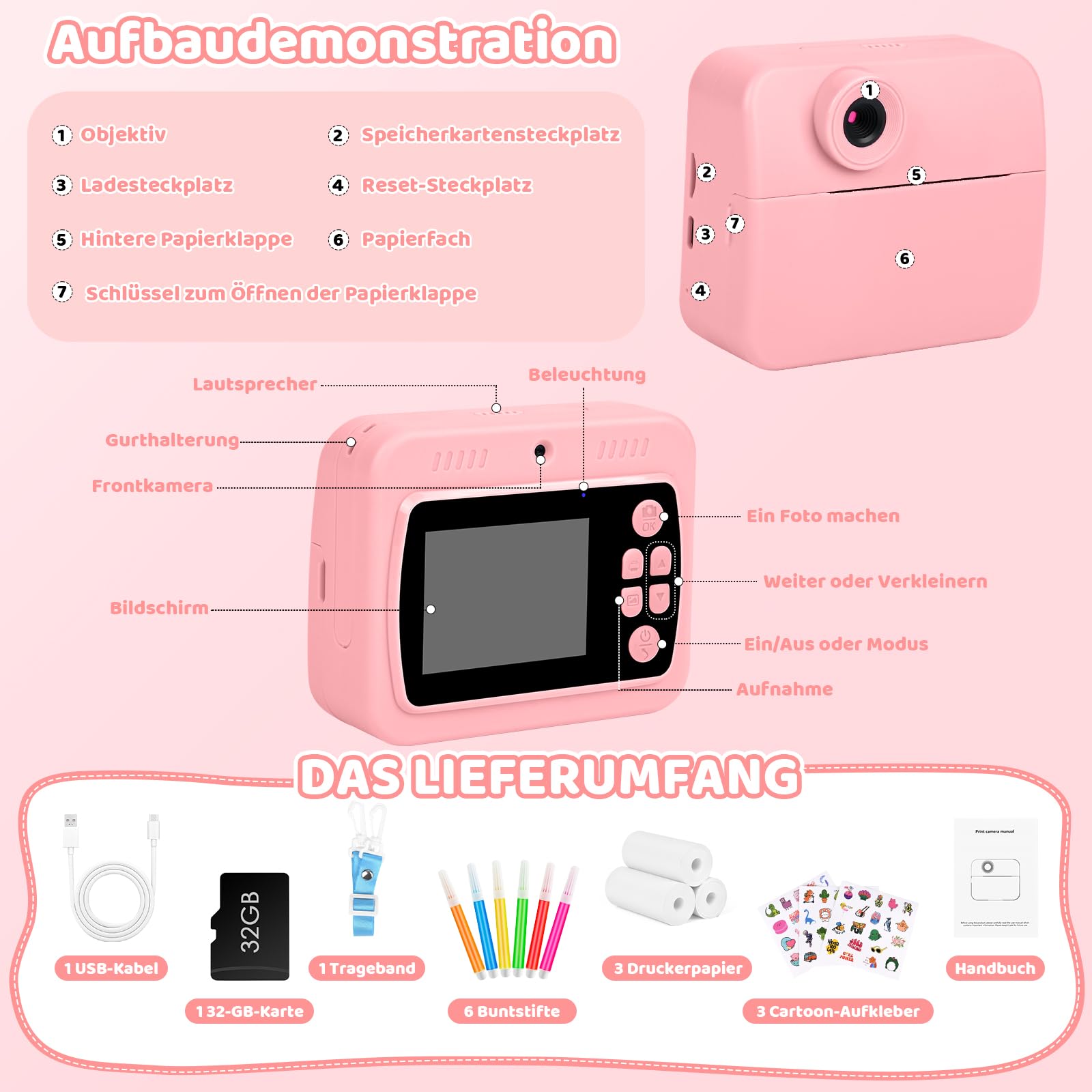 GuKKK 1080p aparat dziecięcy, aparat cyfrowy z ekranem 2,4", dla dzieci, z kartą 32 GB, 13 rolek papieru do drukowania, 5 kolorowych długopisów, prezent (różowy)