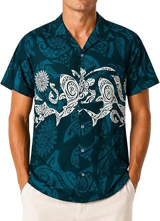 KING KAMEHA Plus Size Mens Hawaiian Shirt Short Sleeve Aloha Summer Shirt with Maori Print, Lightweight, Easy Care