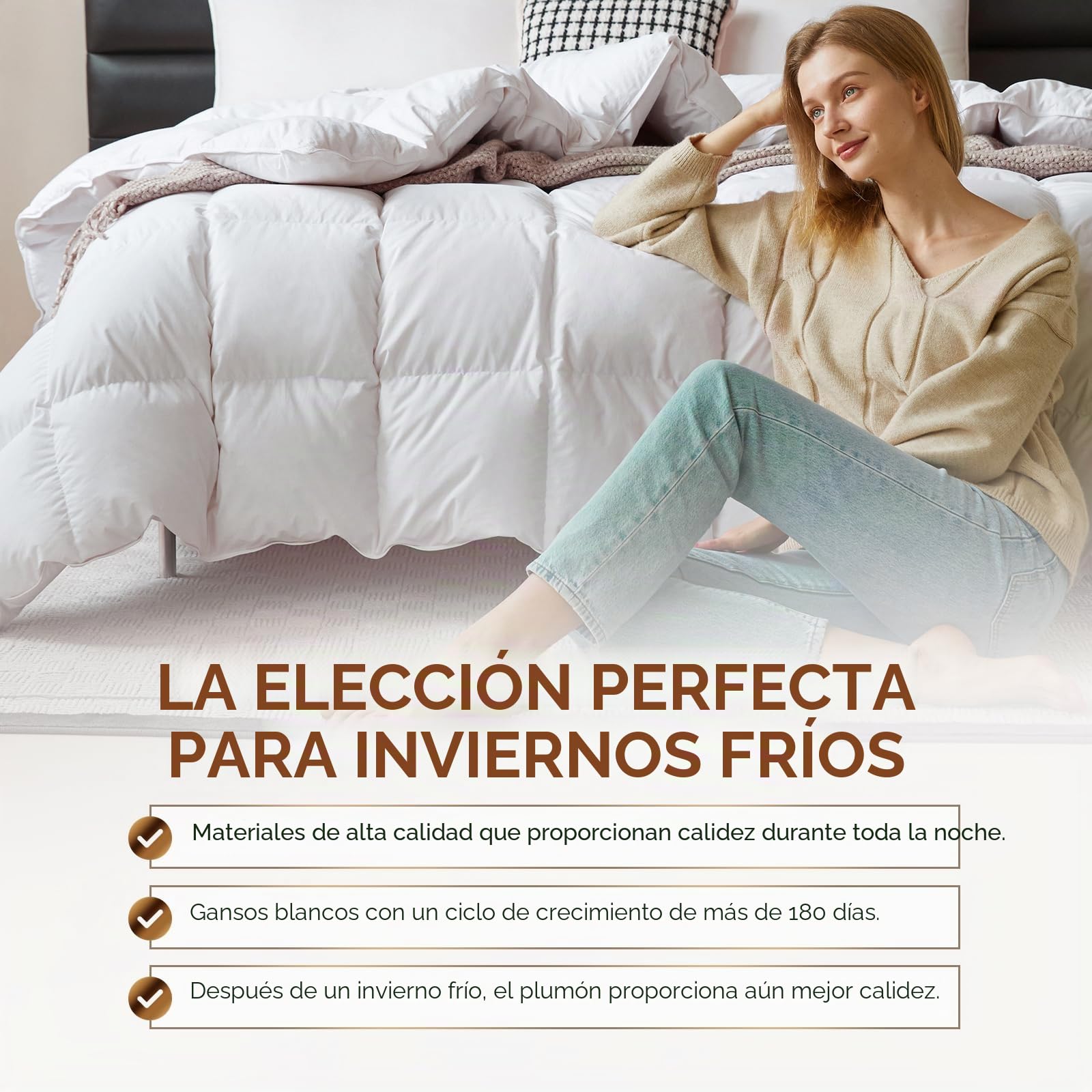 C&W Edredón de plumón de Ganso Blanco, tamaño Queen, Relleno de edredón de plumón Pesado para Invierno, Potencia de Relleno 750, Peso de Relleno de 55 onzas, Color Blanco sólido