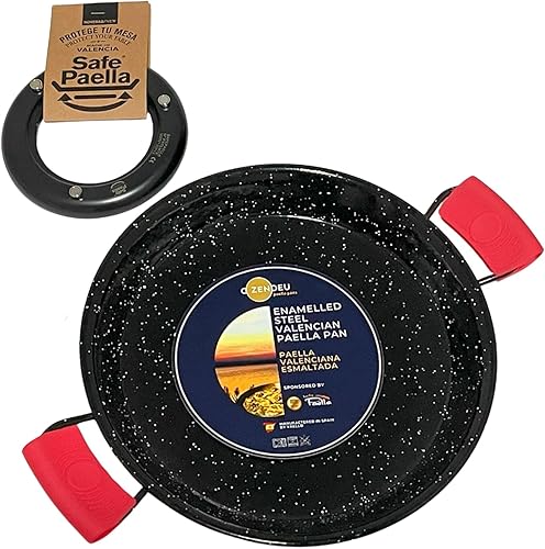 ZENDEU Kit Safe Paella - 4 porcionesanillo de paella seguro + paella esmaltada de 12 pulgadas (11.8 in) + soporte de silicona para sartén caliente