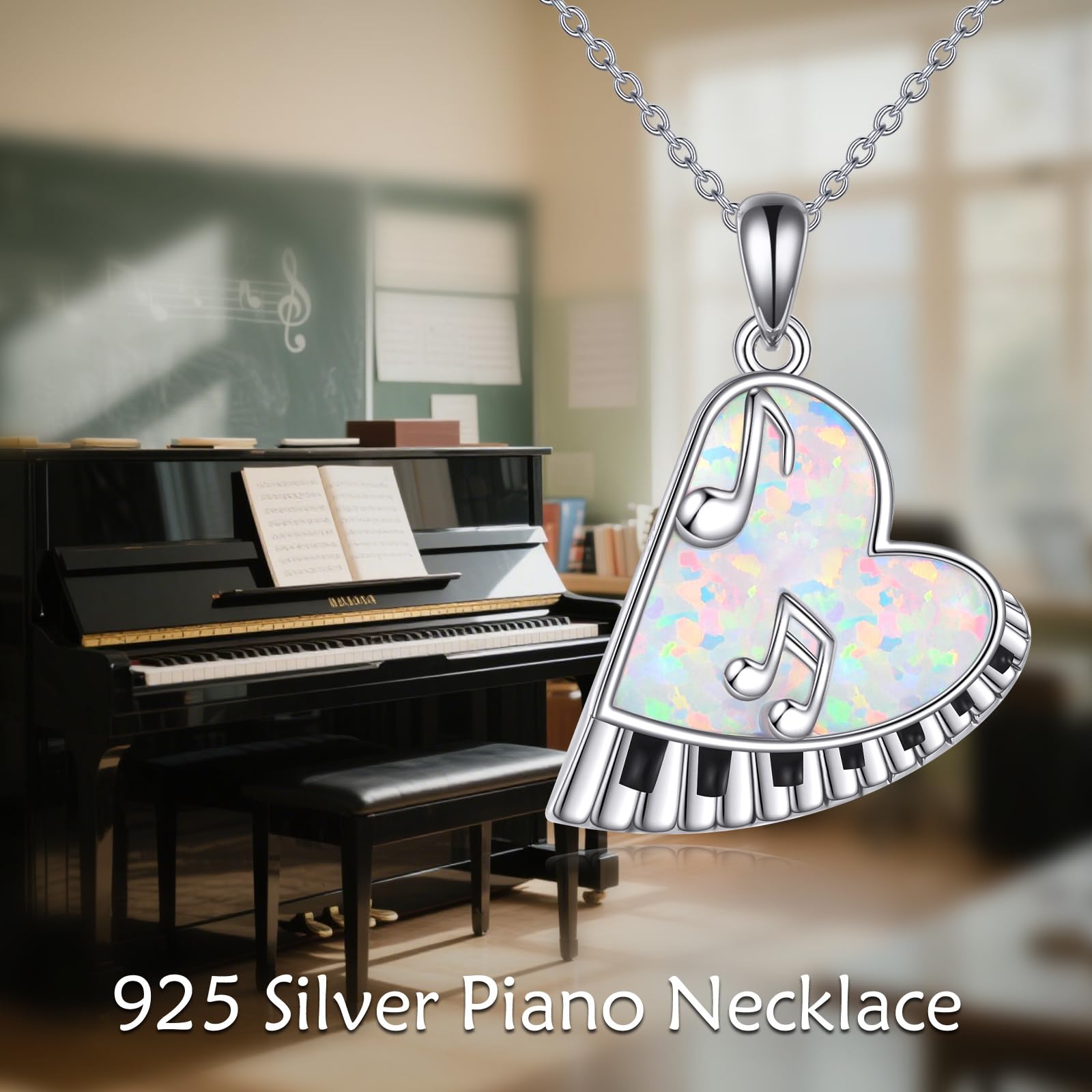 DAYLINLOVE Łańcuszek na szyję fortepianową S925, srebro wysokiej próby, opal, muzyka, wisiorek, naszyjniki, serce, fortepian, biżuteria, prezent dla, Sterling Silber, Srebro szterlingowe, Bez kamieni