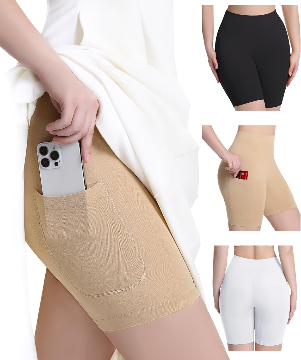 3 Pack Slip Shorts for Under Dress with Pocket Smooth Anti Chafing Shorts Women Bike Shorts