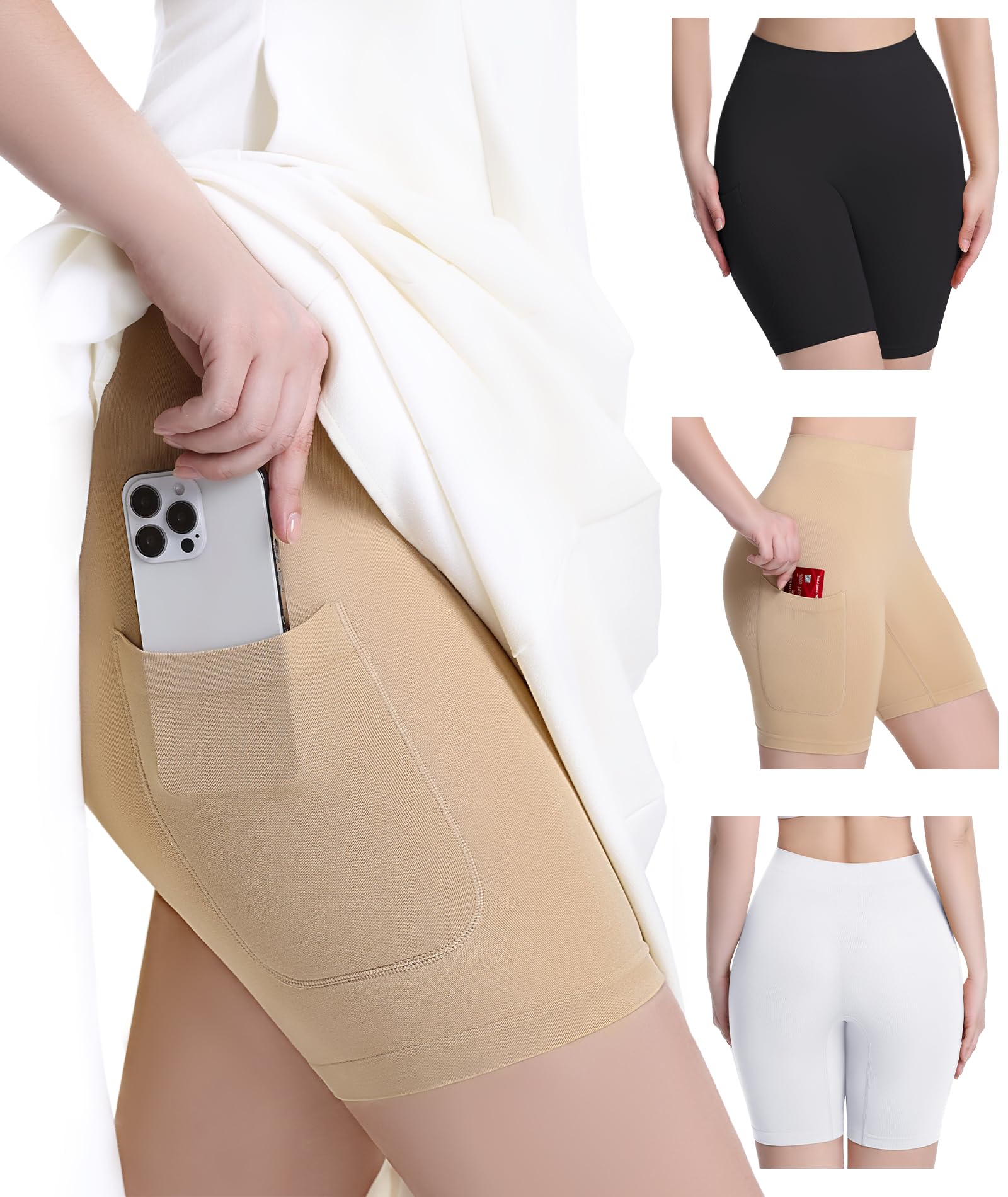 3 Pack Slip Shorts for Under Dress with Pocket Anti Chafing Shorts