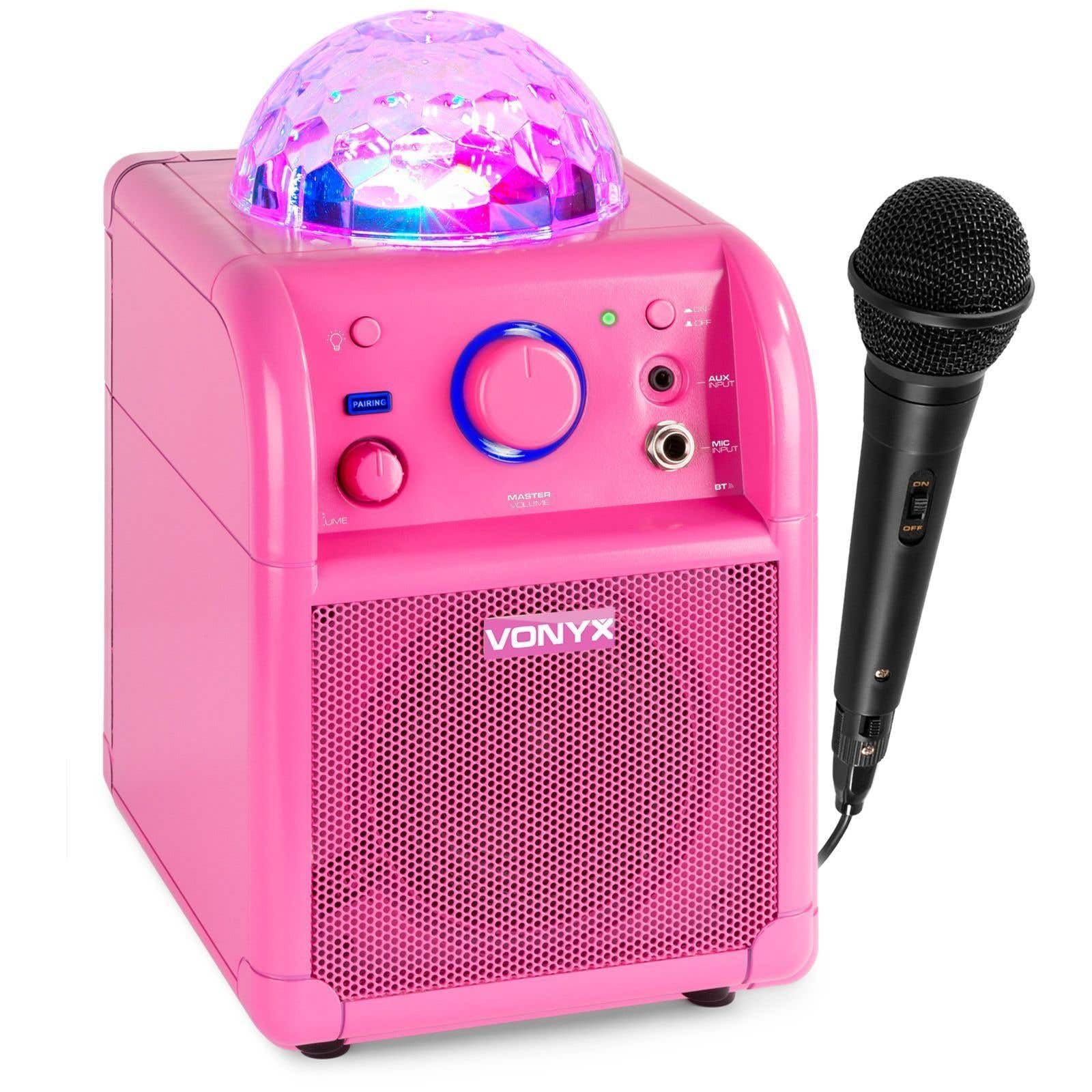 Vonyx SBS50P Altavoz portátil Set de Karaoke para Fiesta con micrófono y Efecto Eco, Bluetooth, Bola de Discoteca con Efectos de Luces LED, Entrada Auxiliar - Rosa