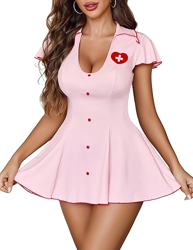Avidlove Lingerie for Women Sexy Babydoll Dress U Neck Chemise Nightie Boudoir Outfits - Small - Pink