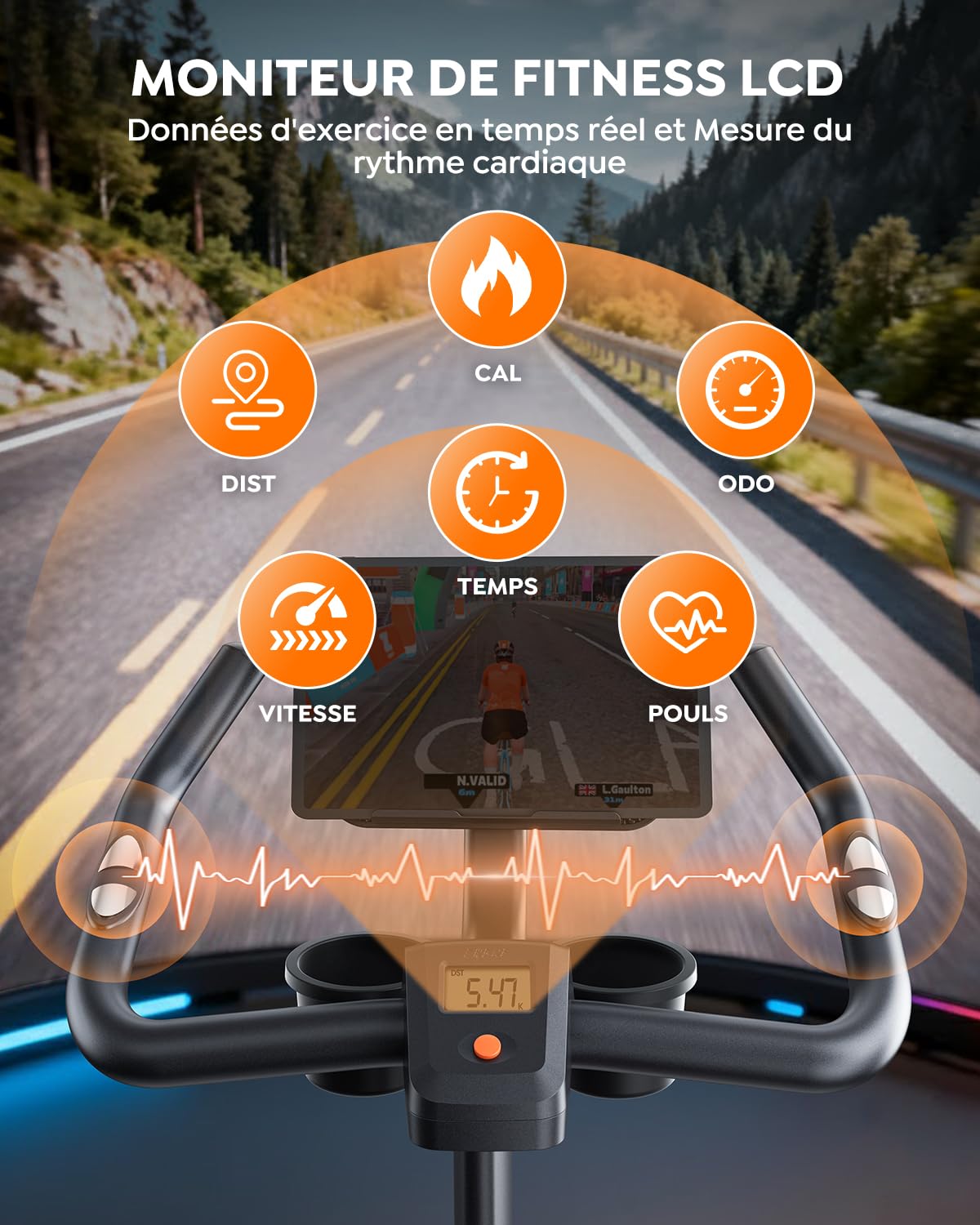 Vélo d'Appartement Connecté APP Ultra-Silencieux, Résistance Magnétique, Volant d'Inertie 15 KG, Capacité 160KG, Écran LCD Fréquence Cardiaque