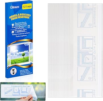 Garsum Window Fly Traps Indoor, Fly Paper Bug Sticky Strips, House Fly Killer Window Decal Non-Toxic,12 Pack